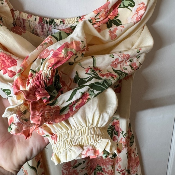 Faithfull the Brand Floral Puff Sleeve Light Butter Yellow Pink Midi Dress US 8 - Picture 7 of 15